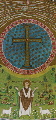 Святой Апполинарий как Добрый пастырь и Аллегория Христа, фрагмент мозаики в конхе апсиды