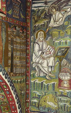 «Евангелист Матфей с Ангелом» мозаика на арке апсиды Сан-Витале