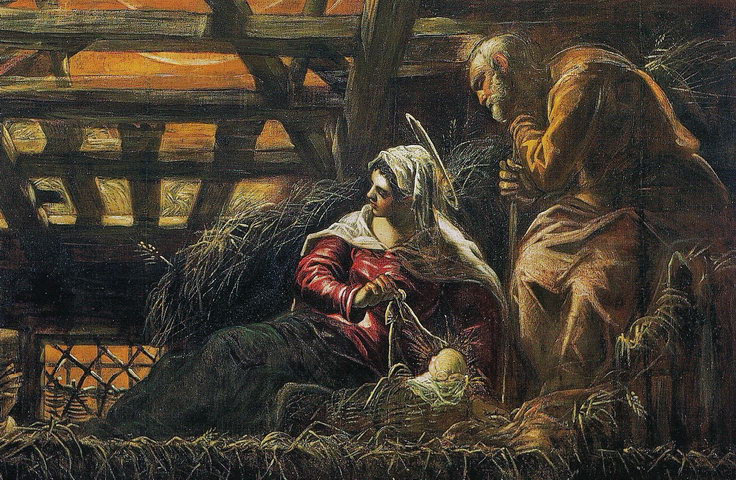 Дева Мария с Младенцем и Иосифом, фрагмент полотна Якопо Тинторетто «Поклонение пастухов»