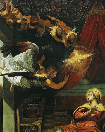 Ангел-вестник и Дева Мария, фрагмент полотна Якопо Тинторетто «Благовещение»