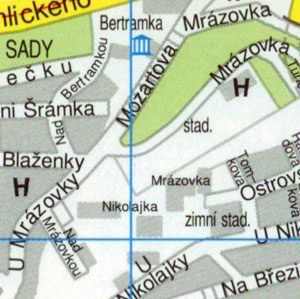 Карта Праги - Центр Праги, район Смихов, Бертрамка