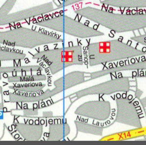 Карта Праги - Центр Праги, район Смихов, Санточка, Бертрамка