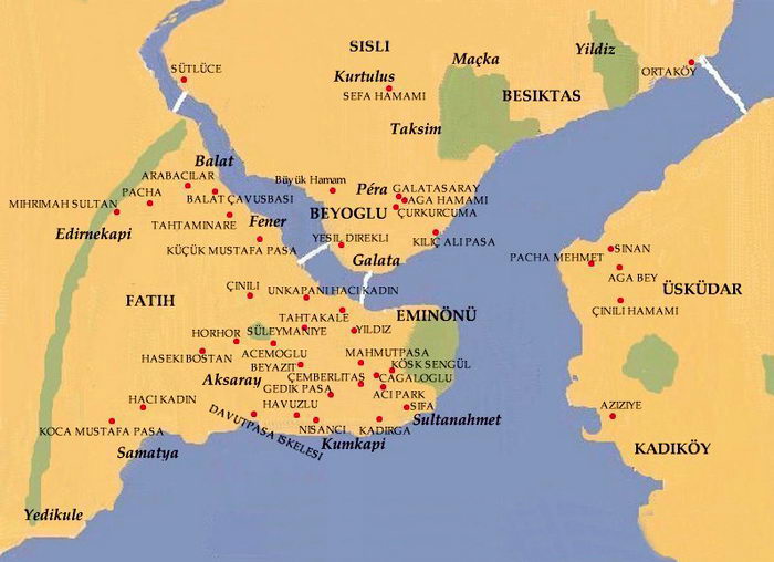 Карта расположения турецких бань хамам в Стамбуле